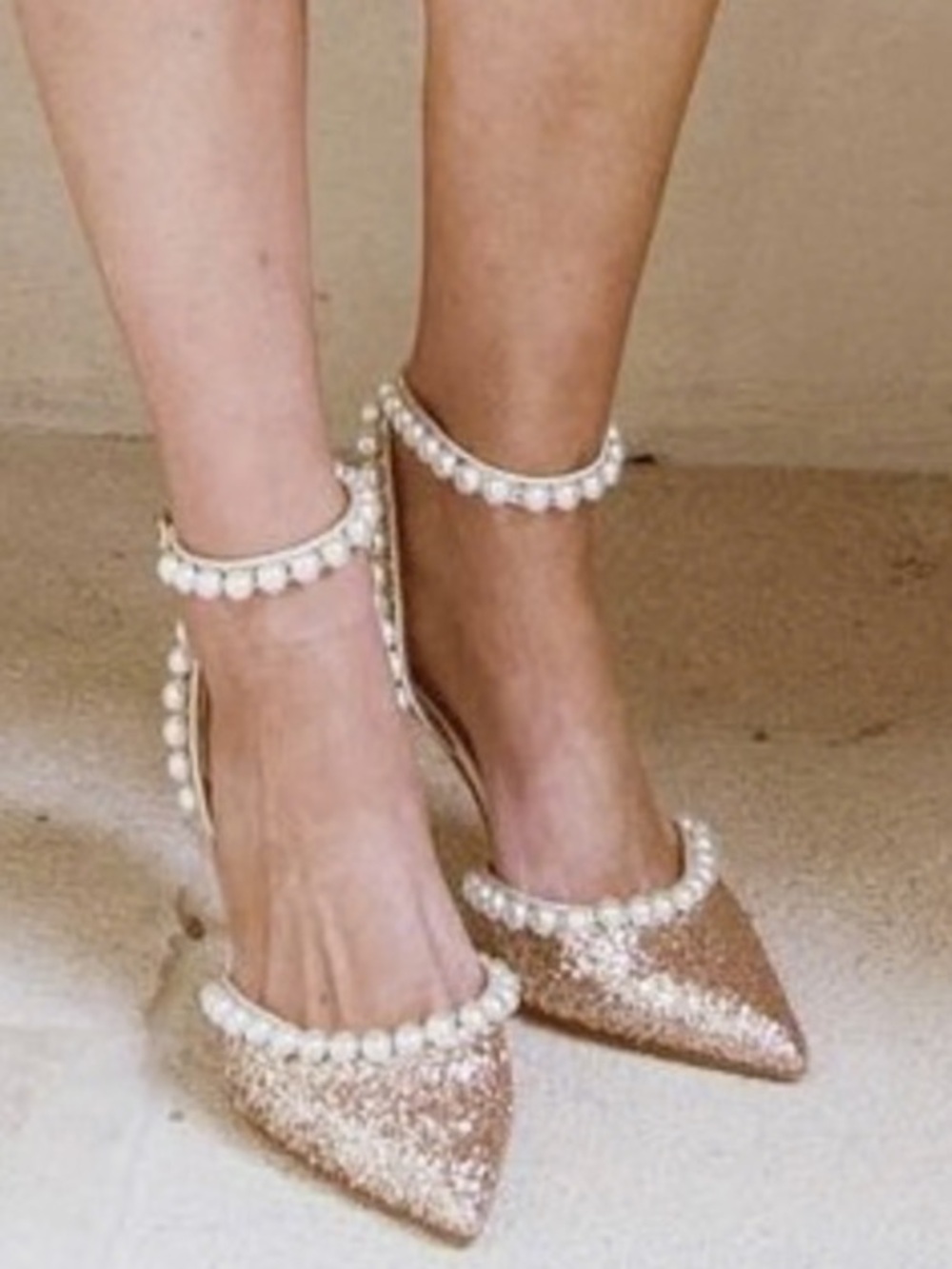 Nicola Bathie x Antonio Melani Bebe Ankle Strap Glitter Pearl pumps in rose gold